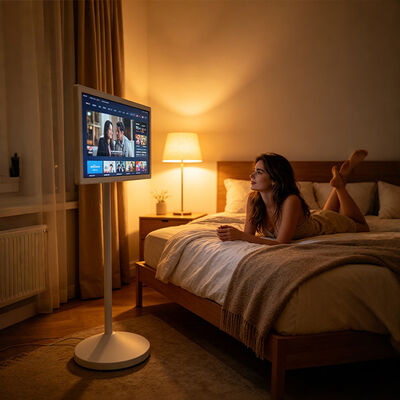 comprar TV portátil inteligente blanca UHD 4K de 27 pulgadas con sistema operativo Android, ruedas y pantalla táctil giratoria Fabricación en línea